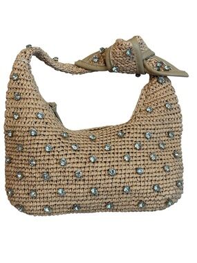 Urban Expressions Jessa Raffia Shoulder Bag Crystal Embellished Tan New
